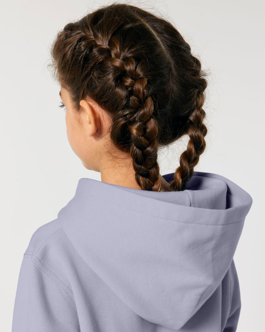 The back view of a girl in a purple Stanley/Stella kids' hoodie.
