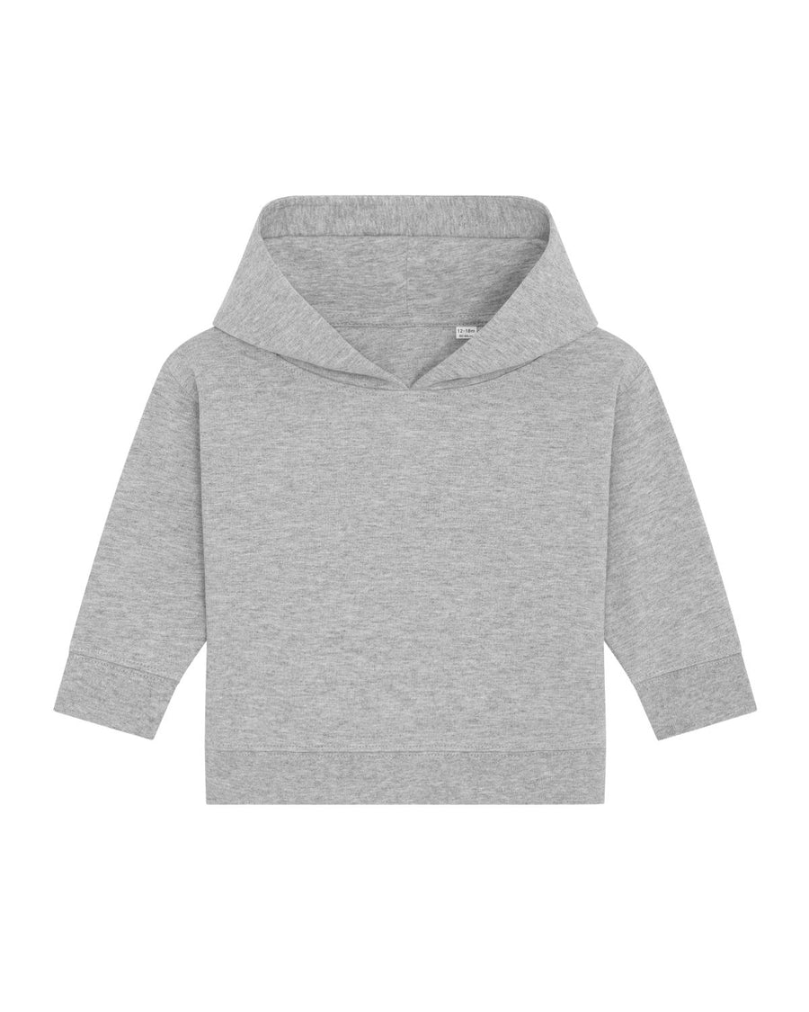 A grey STSB919 Stella/Stella Baby Cruiser The Iconic Babies' Hoodie Sweatshirt with a hood made from organic cotton.