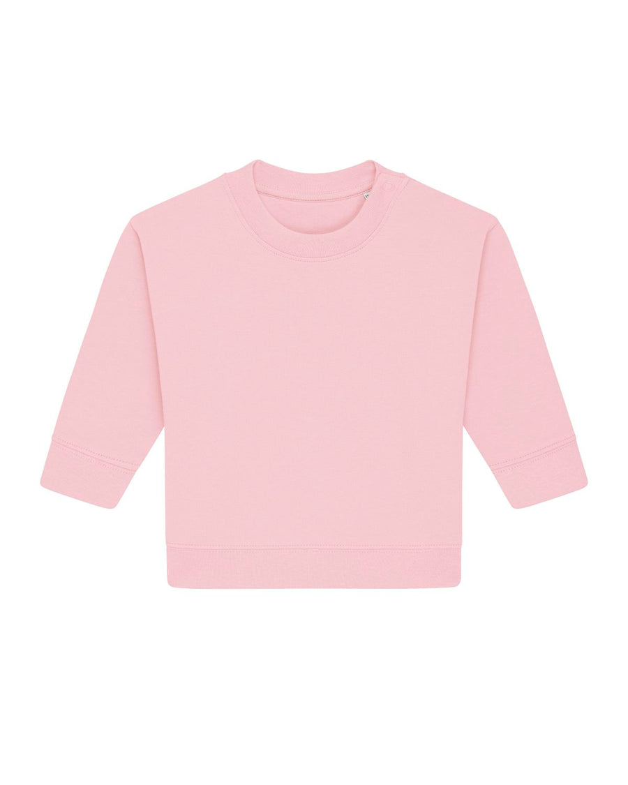 A baby's pink sweatshirt made with organic ring-spun cotton on a white background, such as the STSB920 Stella/Stella Baby Changer The Iconic Babies' Crew Neck Sweatshirt by Stanley/Stella.