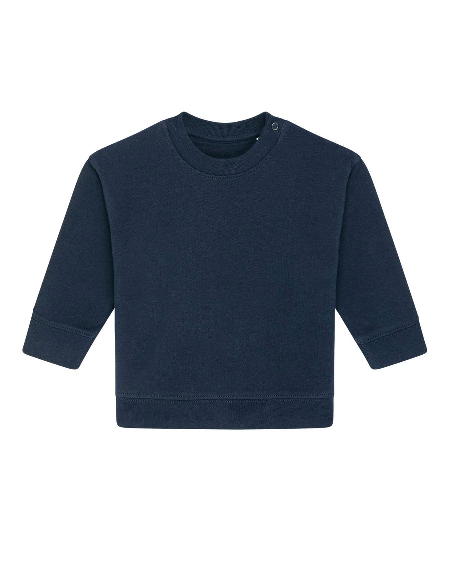A baby's navy organic ring-spun cotton sweatshirt from Stanley/Stella on a white background.