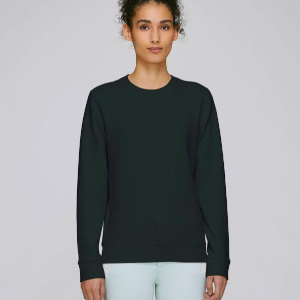 A Stanley/Stella Rise eco-friendly Sweatshirt in black worn by a female model