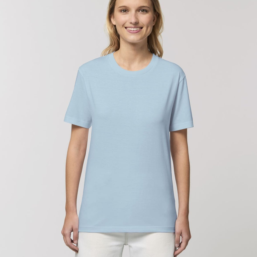 A female model wearing an organic sky blue Stanley/Stella rocker T-Shirt