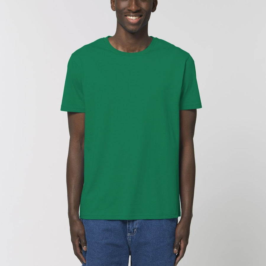 A male model wearing an organic varsity green Stanley/Stella rocker T-Shirt