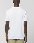 A back view of a male model wearing an organic white Stanley/Stella rocker T-Shirt