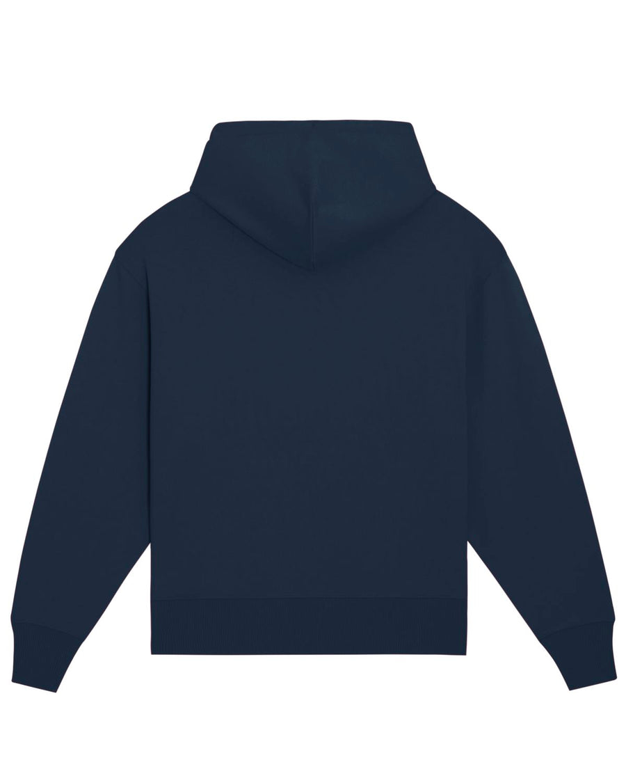 This navy Stanley/Stella Slammer Heavy Relaxed Organic Cotton Unisex Hoodie, made from organic ring-spun combed cotton, features a brushed finish for added comfort.