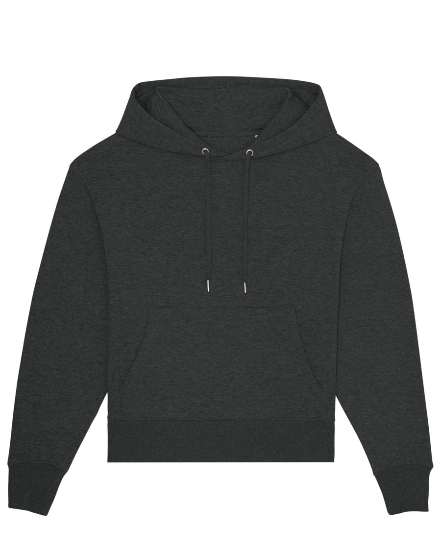 A black STSU856 Stanley/Stella Slammer Relaxed Organic Cotton Unisex Hoodie with a hood.