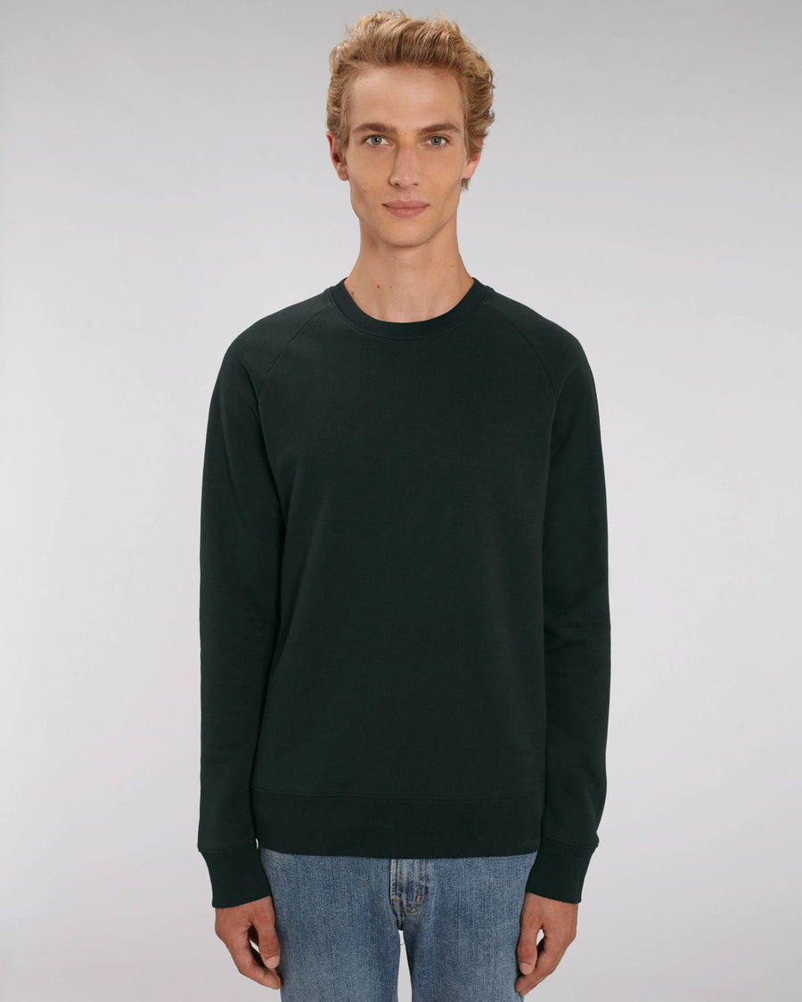A male model wearing a Black Stanley/Stella Stroller organic cotton sweatshirt