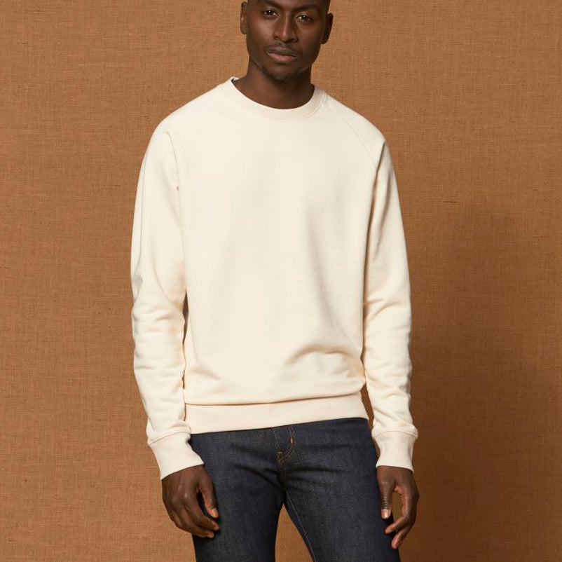 A male model wearing a Stanley/Stella organic cotton sweatshirt