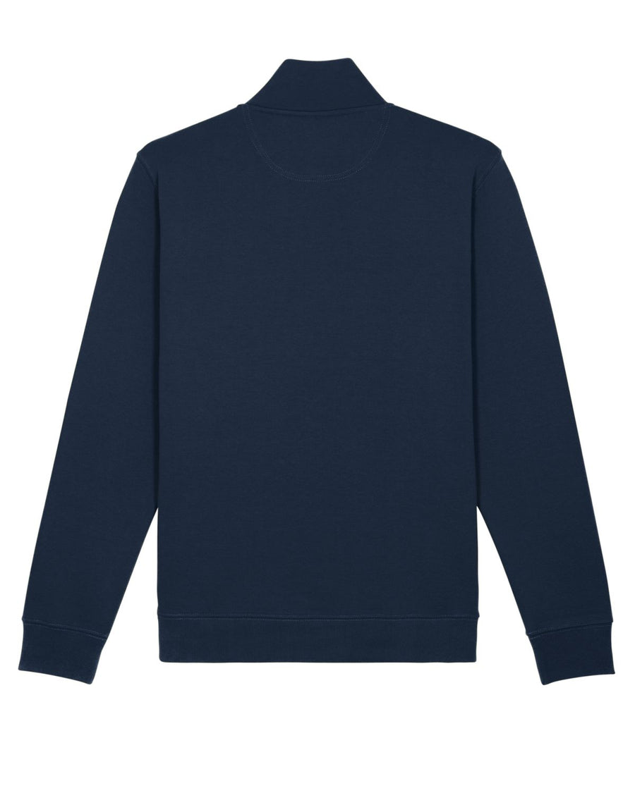 The back view of a Stanley/Stella navy quarter zip sweatshirt made with recycled polyester and organic ring-spun combed cotton, the STSM611 Stanley Trucker Men's Quarter Zip Organic Cotton Sweatshirt.