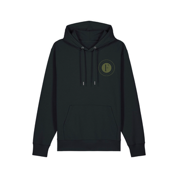 Unisex Stanley/Stella black hoodie with front pocket and logo on the left chest area.