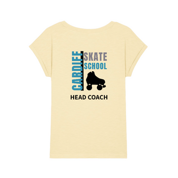 STTW112 Stella Rounder Slub Rolled Sleeve T-Shirt: Yellow t-shirt with black and blue text "Cardiff skate school head coach" and a silhouette of a skateboard on organic cotton by Stanley/Stella.