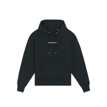 Black STSU867 Stanley/Stella Slammer Heavy Relaxed Organic Cotton Unisex Hoodie with a front pocket and white Stanley/Stella brand logo on the chest, made from organic ring-spun combed cotton.