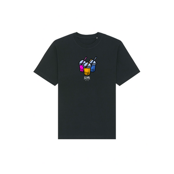 Black Stanley/Stella Freestyler Heavy Organic Cotton Unisex T-Shirt with a graphic of two bubble tea cups and Asian characters on the front.