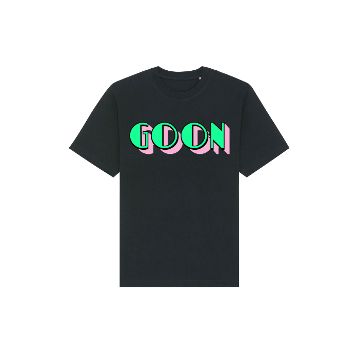 Stanley/Stella Black Freestyler Heavy Organic Cotton Unisex T-shirt with stylized neon green and pink "good" text design.