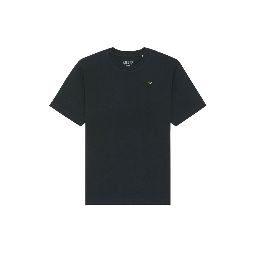 A plain black short-sleeve STTU788 Stanley/Stella Freestyler Heavy Organic Cotton Unisex T-Shirt with a small gold logo on the left chest and text "HEAD UP" on the inside collar, crafted from 100% organic open end cotton from Stanley/Stella.