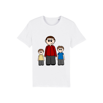 A Stanley/Stella Rocker White (C001) unisex white t-shirt made of Organic Ring-Spun Combed Cotton with an image of a man and two children.