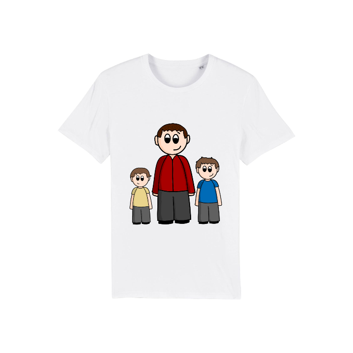 A Stanley/Stella Rocker White (C001) unisex white t-shirt made of Organic Ring-Spun Combed Cotton with an image of a man and two children.