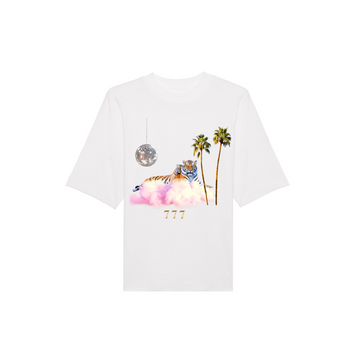 A white unisex Stanley/Stella STTU815 Blaster Oversized High Neck Organic Cotton T-shirt with a tiger and palm trees.
