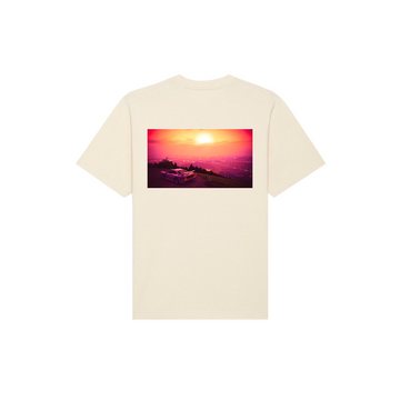 Beige STTU788 Stanley/Stella Freestyler Heavy Organic Cotton Unisex T-Shirt made from 100% organic cotton single jersey, featuring a rectangular sunset landscape print on the back. The image shows a vibrant sky and a car parked on a hill. This unisex heavyweight t-shirt from Stanley/Stella offers both comfort and style for any occasion.