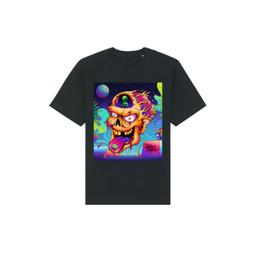 A Stanley/Stella Freestyler Heavy Organic Cotton Unisex T-Shirt with an image of a psychedelic skull.