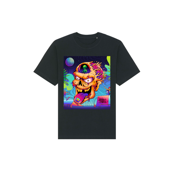 A Stanley/Stella Freestyler Heavy Organic Cotton Unisex T-Shirt with an image of a psychedelic skull.